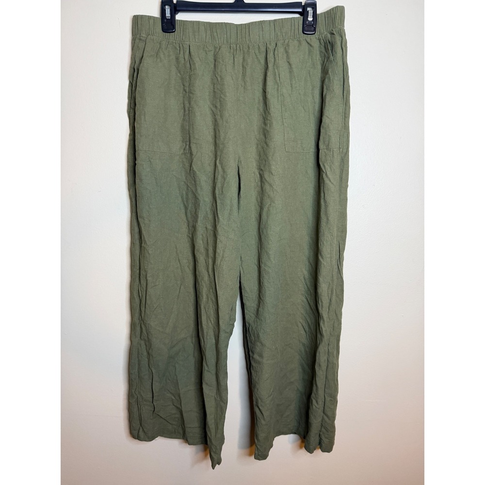 Felina Women Olive Green Linen Blend Wide Leg Crop Pants Casual Large